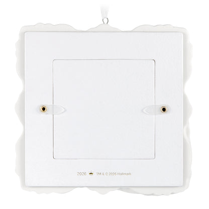 Best Love Story Ever 2026 photo frame, porcelain, back view with hanging loop and gold detailing.