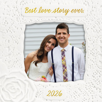 Best Love Story Ever 2026 photo frame, porcelain, featuring a wedding couple with a lace design and rose detail.