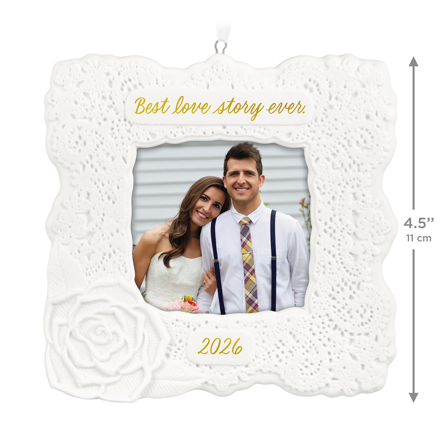 Best Love Story Ever 2026 Photo Frame, porcelain, lace design with a rose, featuring a wedding photo, 11 cm square