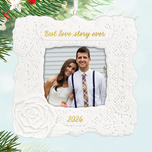 Best Love Story Ever 2026 Photo Frame, porcelain, lace design with rose, displaying a wedding photo of a couple.