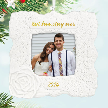 Best Love Story Ever 2026 Photo Frame, porcelain, lace design with rose, displaying a wedding photo of a couple.