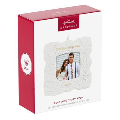 Best Love Story Ever 2026 photo frame, porcelain Christmas ornament in elegant packaging with lace design.