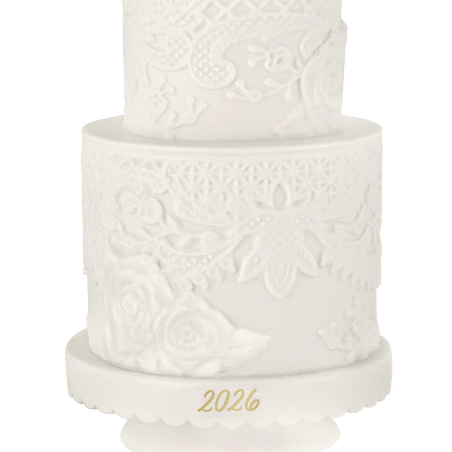 Wedding Cake 2026, Porcelain — 2026 Hallmark Keepsake Christmas Ornament featuring textured white lace and floral designs.