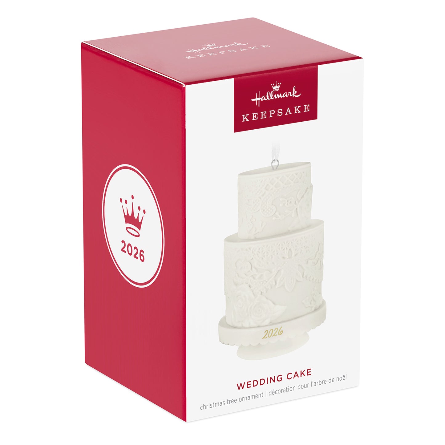 Wedding Cake 2026, Porcelain — 2026 Hallmark Keepsake Christmas Ornament in gift box with textured white design and year label.