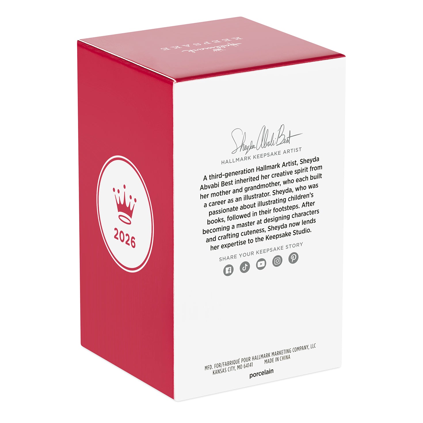 Wedding Cake 2026, Porcelain — 2026 Hallmark Keepsake Christmas Ornament box packaging with artist details and 2026 date.