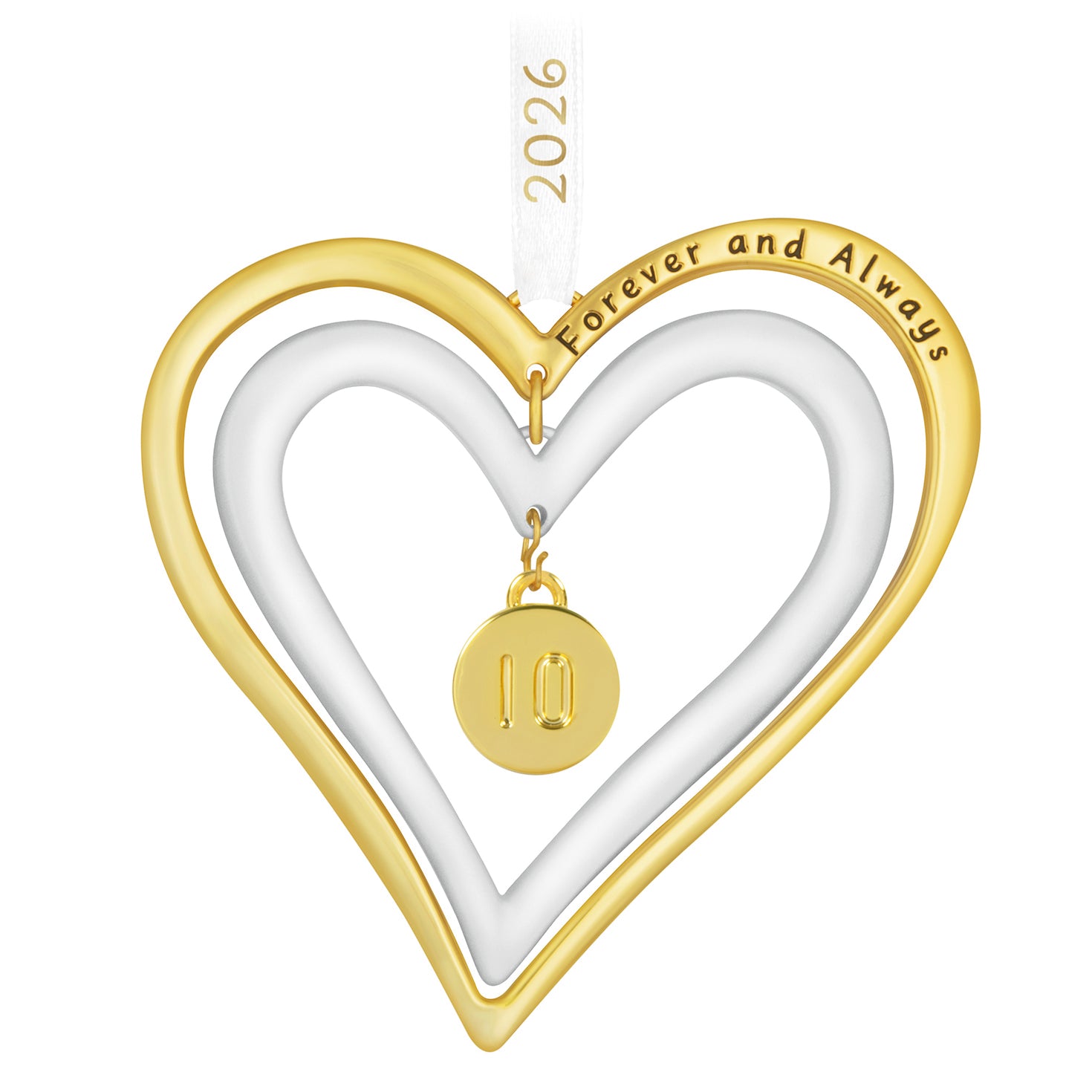 Our Anniversary 2026, Metal — 2026 Hallmark Keepsake Christmas Ornament, gold and white double heart design, close up view.