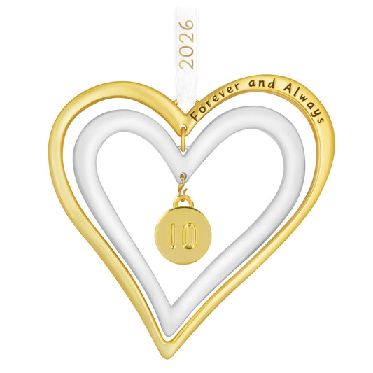 Our Anniversary 2026, Metal — 2026 Hallmark Keepsake Christmas Ornament, gold and white double heart design, close up view.