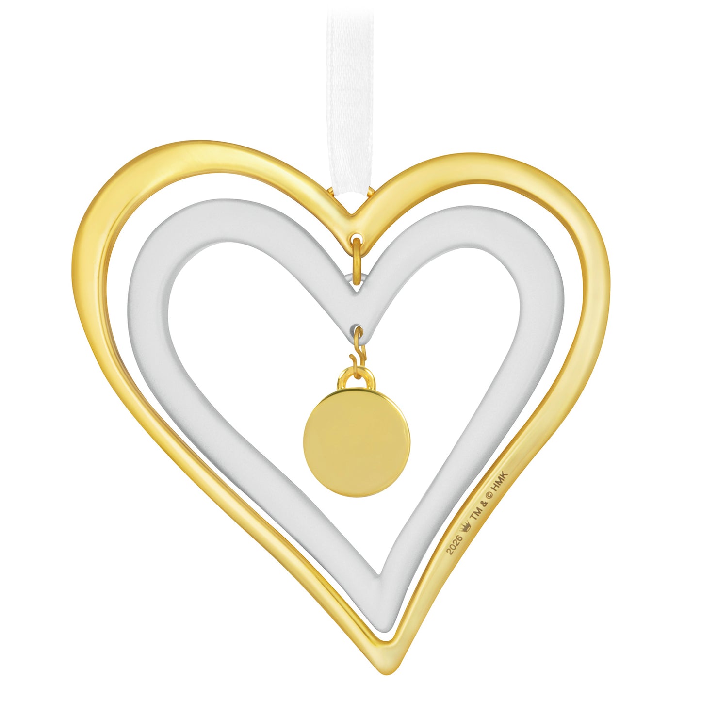 Our Anniversary 2026, Metal — 2026 Hallmark Keepsake Christmas Ornament in gold and white, featuring double hearts and a round charm.