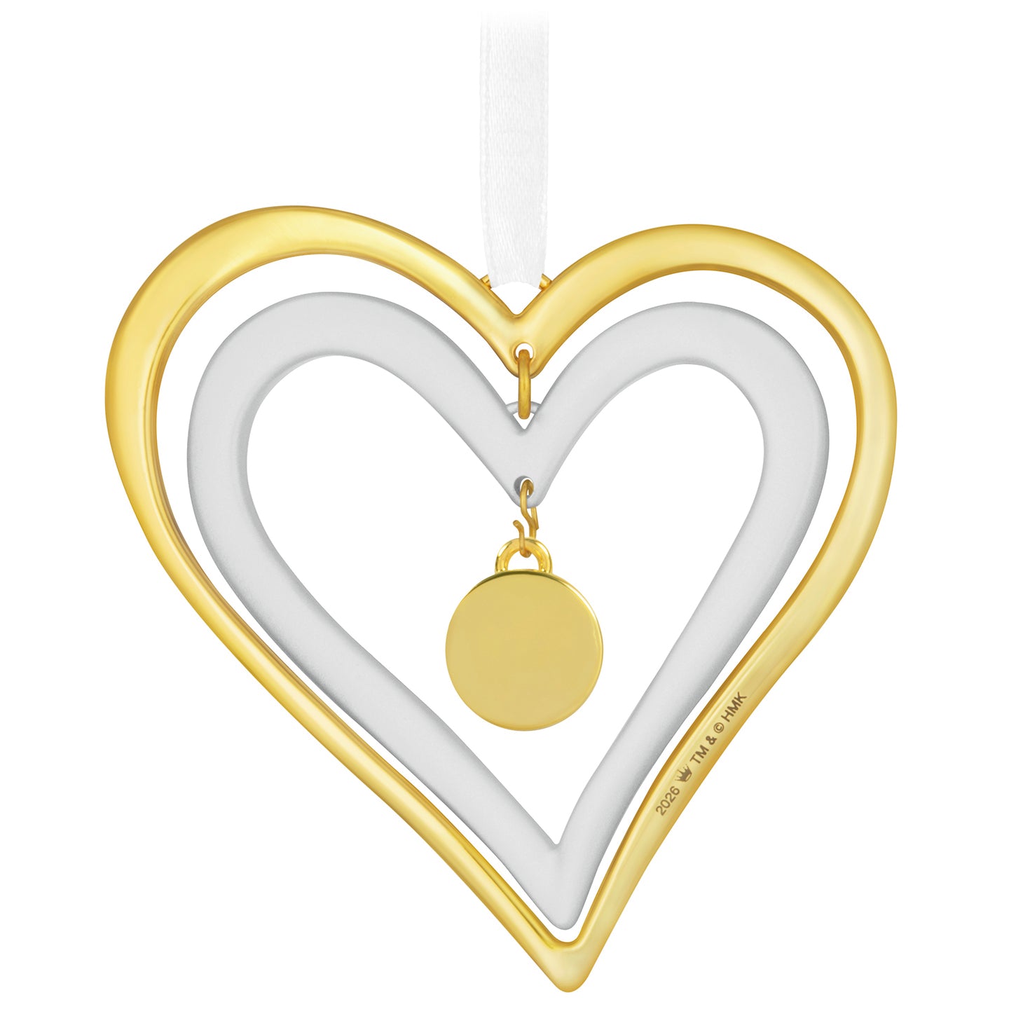 Our Anniversary 2026, Metal — 2026 Hallmark Keepsake Christmas Ornament in gold and white, featuring double hearts and a round charm.
