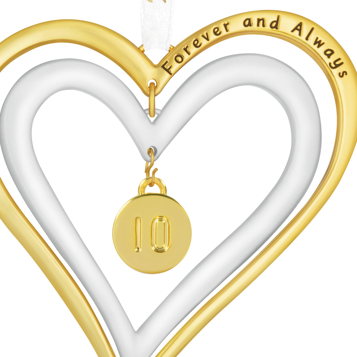 Our Anniversary 2026, Metal — 2026 Hallmark Keepsake Christmas Ornament featuring gold double hearts with a charm displaying '10', close-up view.