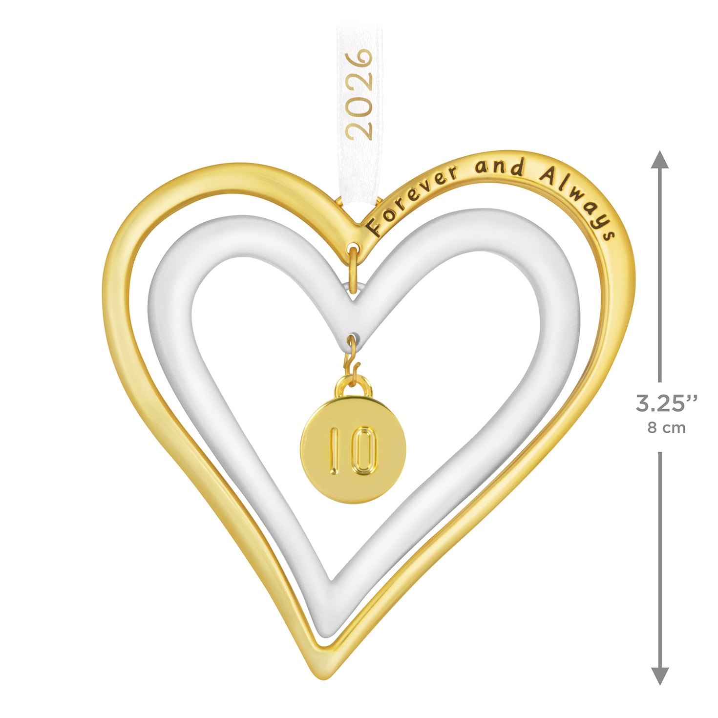 Our Anniversary 2026, Metal — 2026 Hallmark Keepsake Christmas Ornament featuring double hearts and a charm detail, 8 cm in size.