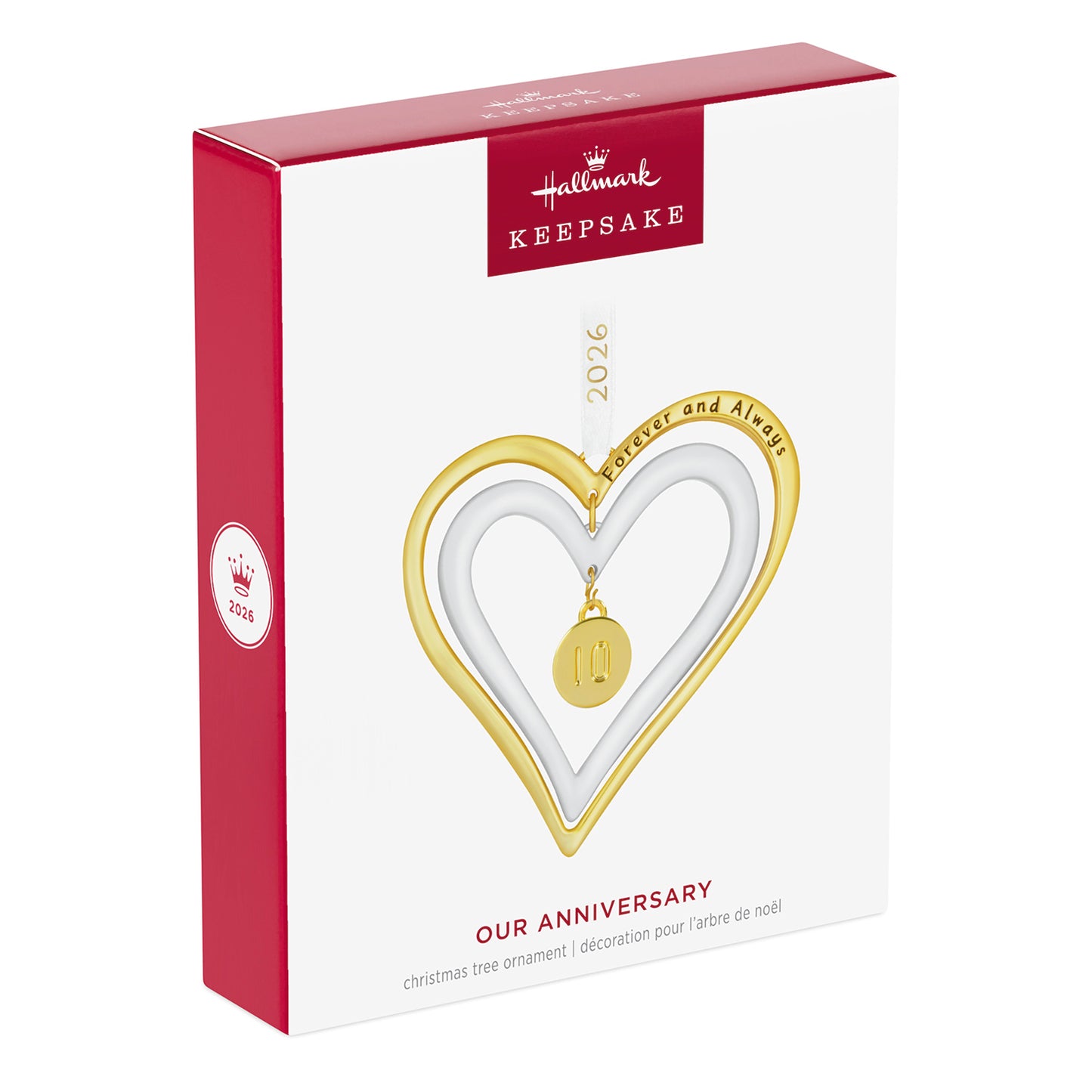 Our Anniversary 2026, Metal — 2026 Hallmark Keepsake Christmas Ornament in gift box, featuring gold and white double hearts.