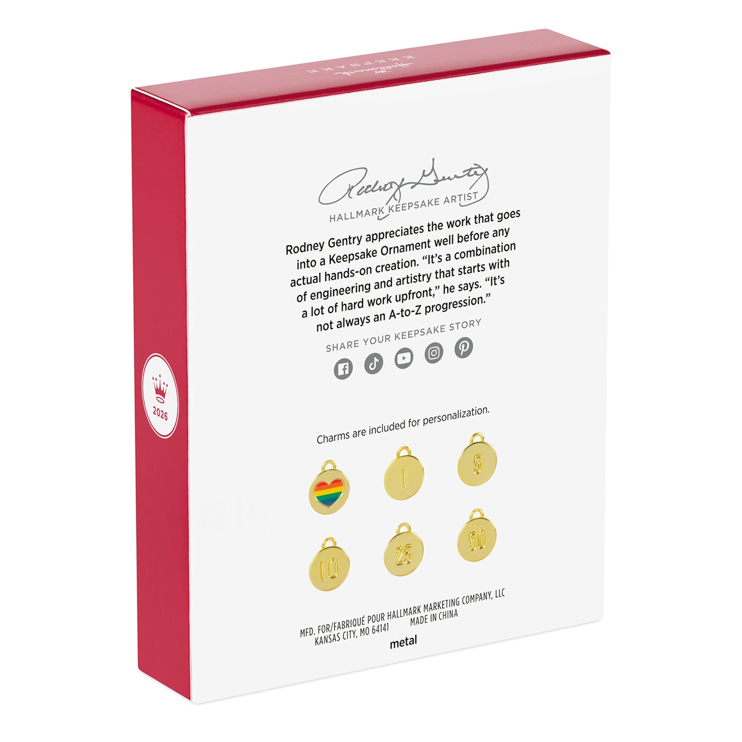 Our Anniversary 2026, Metal — 2026 Hallmark Keepsake Christmas Ornament packaging showcasing included charms and signature details.
