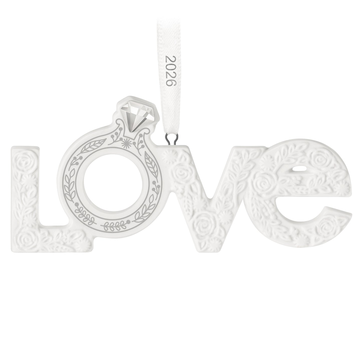 Our Engagement 2026, Porcelain — 2026 Hallmark Keepsake Christmas Ornament featuring floral texture and an engagement ring design.
