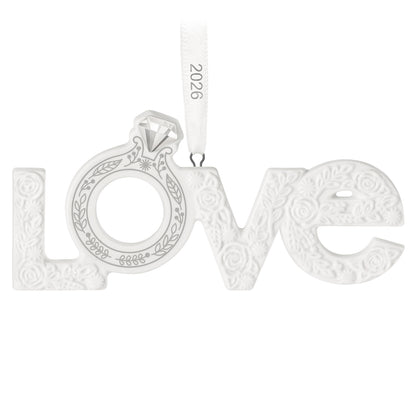 Our Engagement 2026, Porcelain — 2026 Hallmark Keepsake Christmas Ornament featuring floral texture and an engagement ring design.