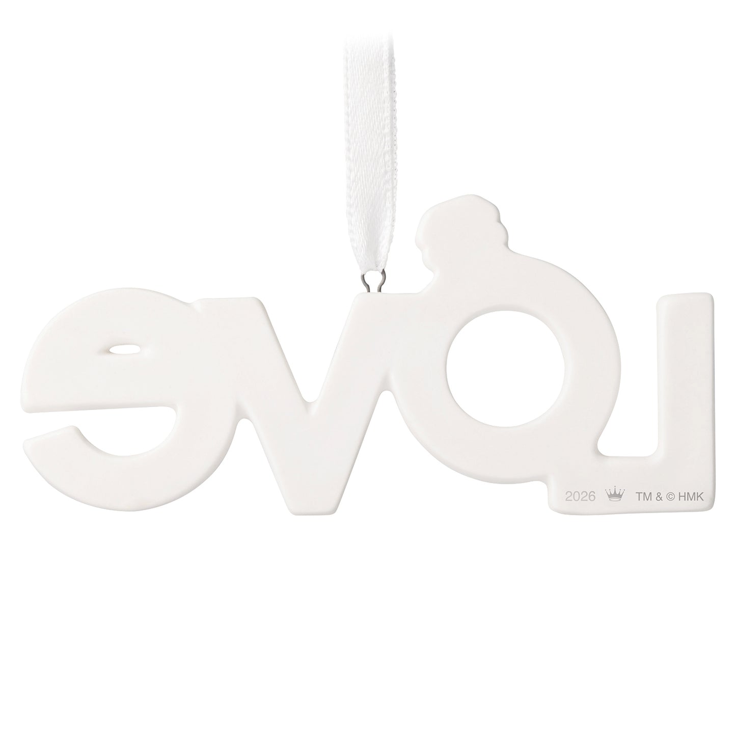Our Engagement 2026, Porcelain — 2026 Hallmark Keepsake Christmas Ornament, white word art design, close-up view.