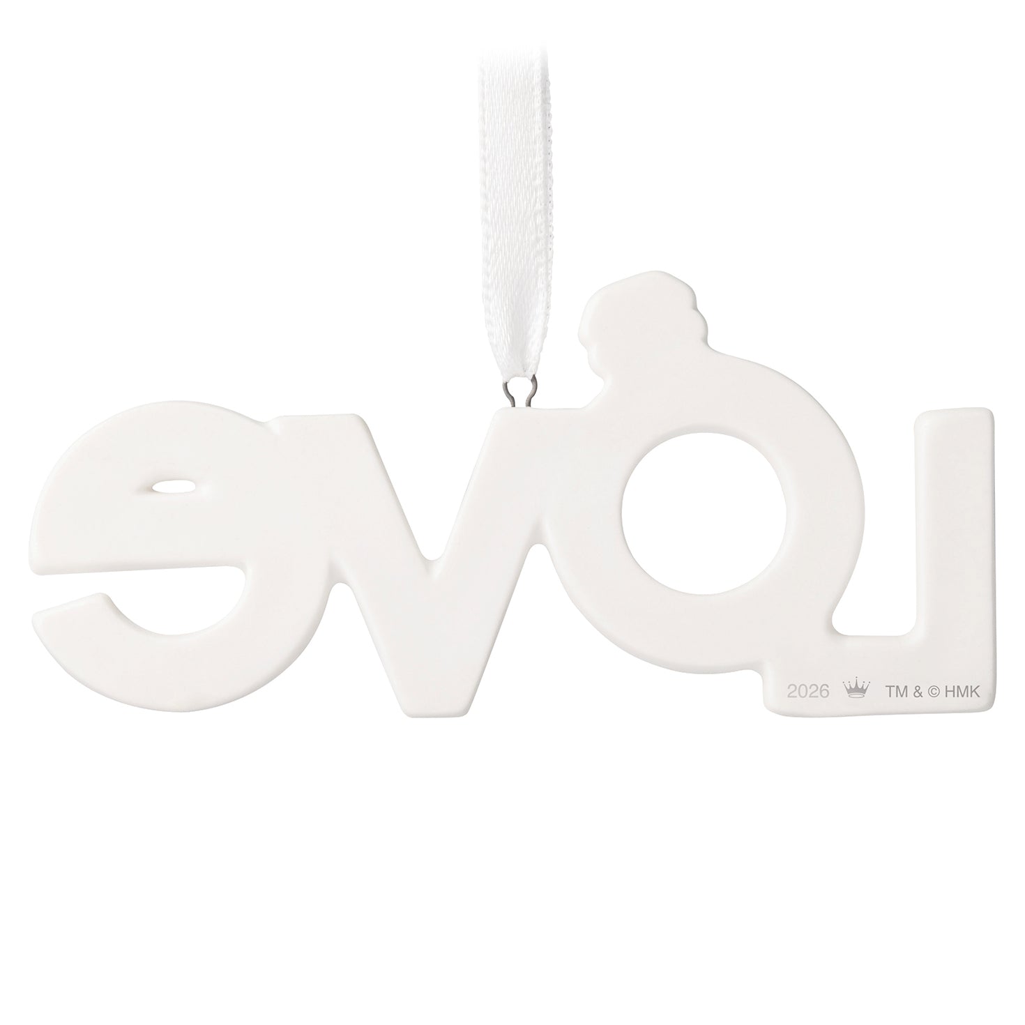 Our Engagement 2026, Porcelain — 2026 Hallmark Keepsake Christmas Ornament, white word art design, close-up view.