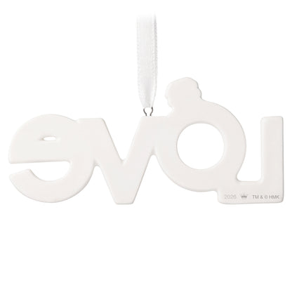 Our Engagement 2026, Porcelain — 2026 Hallmark Keepsake Christmas Ornament, white word art design, close-up view.