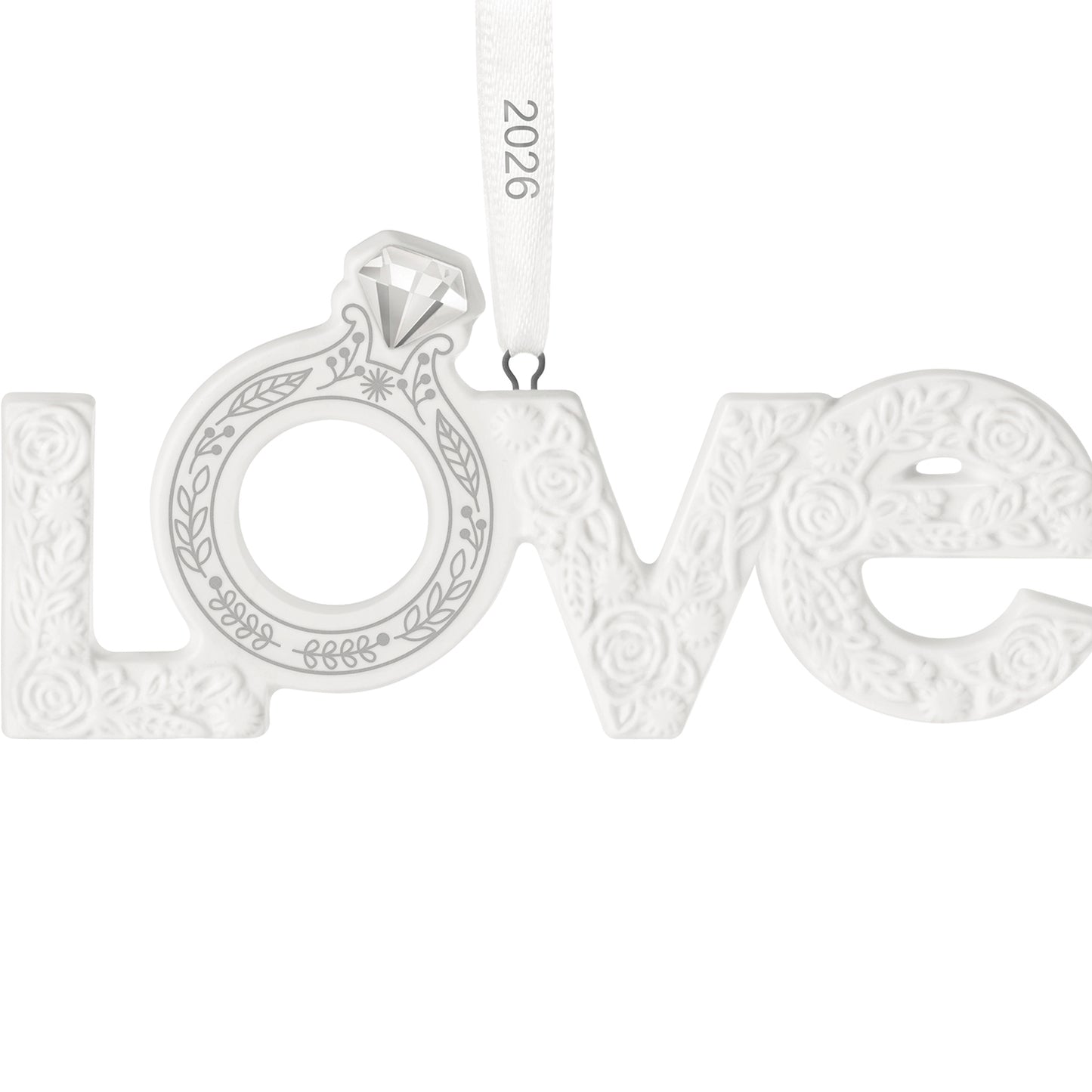 Our Engagement 2026, Porcelain — 2026 Hallmark Keepsake Christmas Ornament, white ornament with floral details and diamond ring.