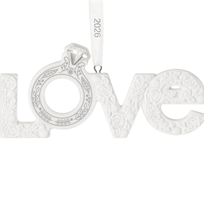 Our Engagement 2026, Porcelain — 2026 Hallmark Keepsake Christmas Ornament, white ornament with floral details and diamond ring.