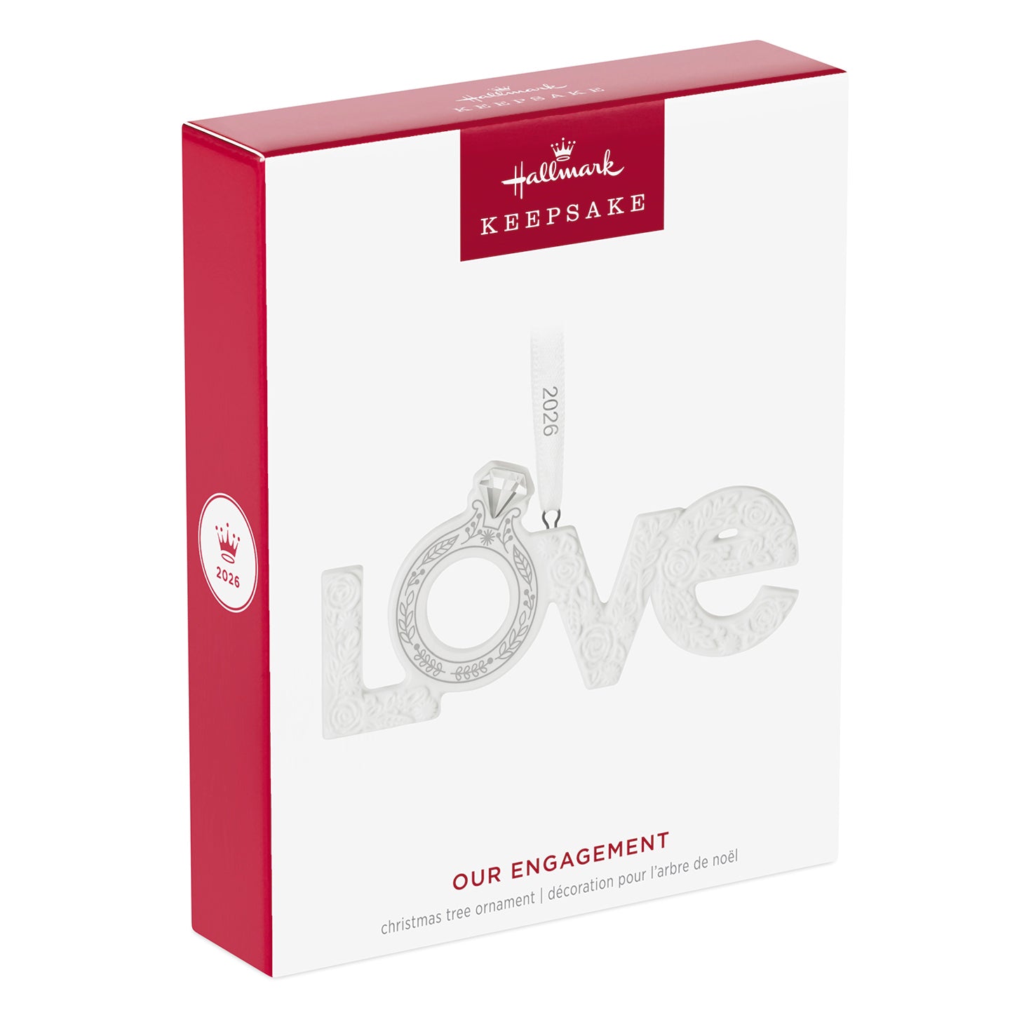 Our Engagement 2026, Porcelain — 2026 Hallmark Keepsake Christmas Ornament in gift box with textured floral design.