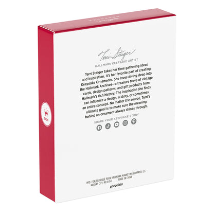 Our Engagement 2026, Porcelain — 2026 Hallmark Keepsake Christmas Ornament box back view showcasing artist Terri Steiger's biography and details.