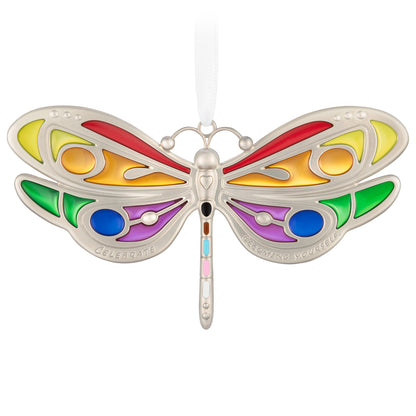 Celebrating You, Metal — 2026 Hallmark Keepsake Christmas Ornament, silver dragonfly with vibrant rainbow wings in a close-up view.