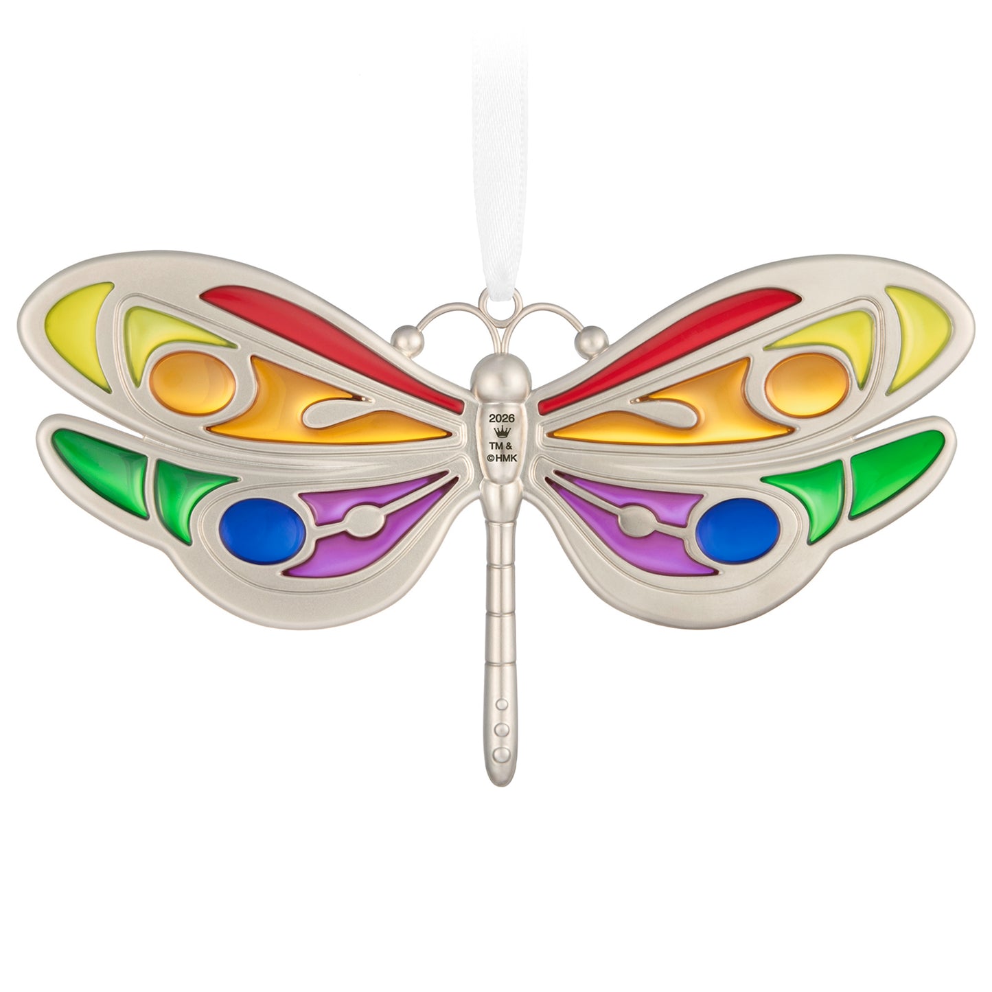 Celebrating You, Metal — 2026 Hallmark Keepsake Christmas Ornament, colourful dragonfly design, close up view with vibrant wings.