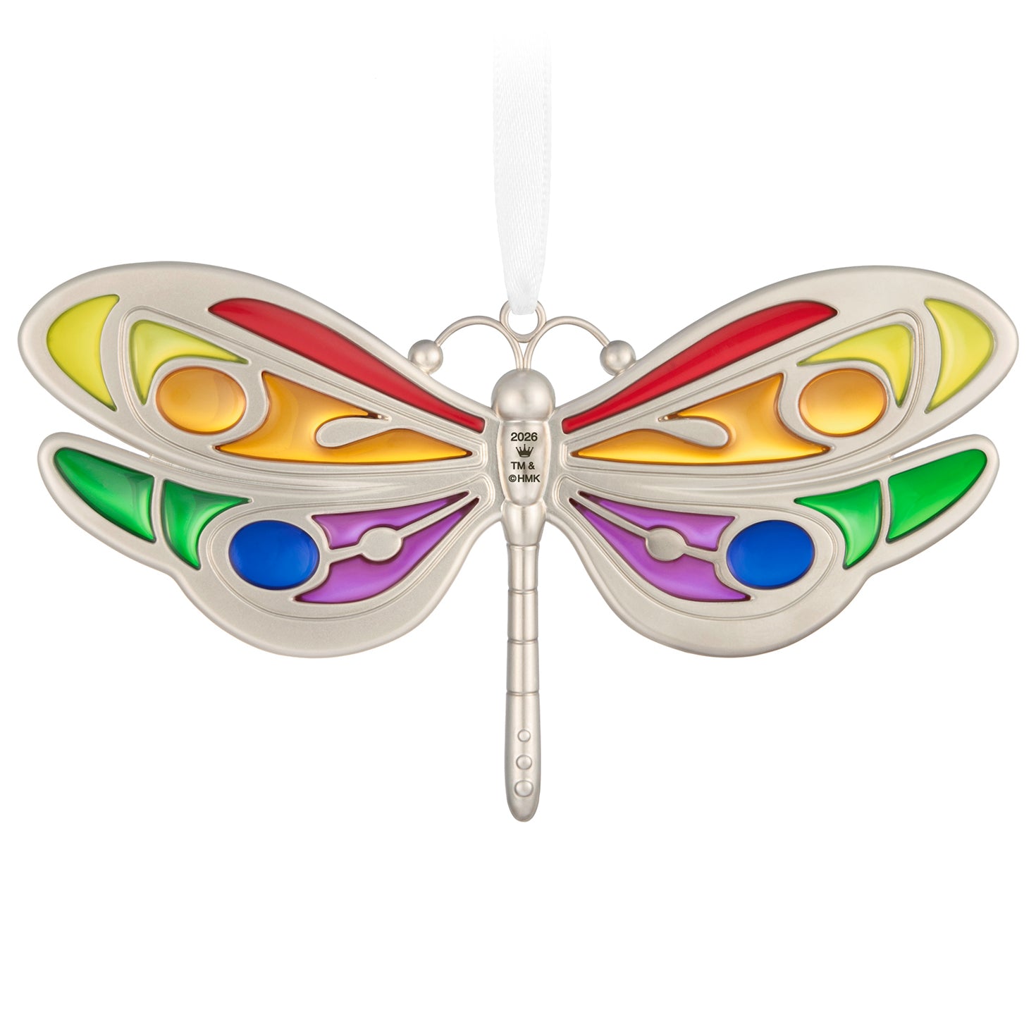 Celebrating You, Metal — 2026 Hallmark Keepsake Christmas Ornament, colourful dragonfly design, close up view with vibrant wings.