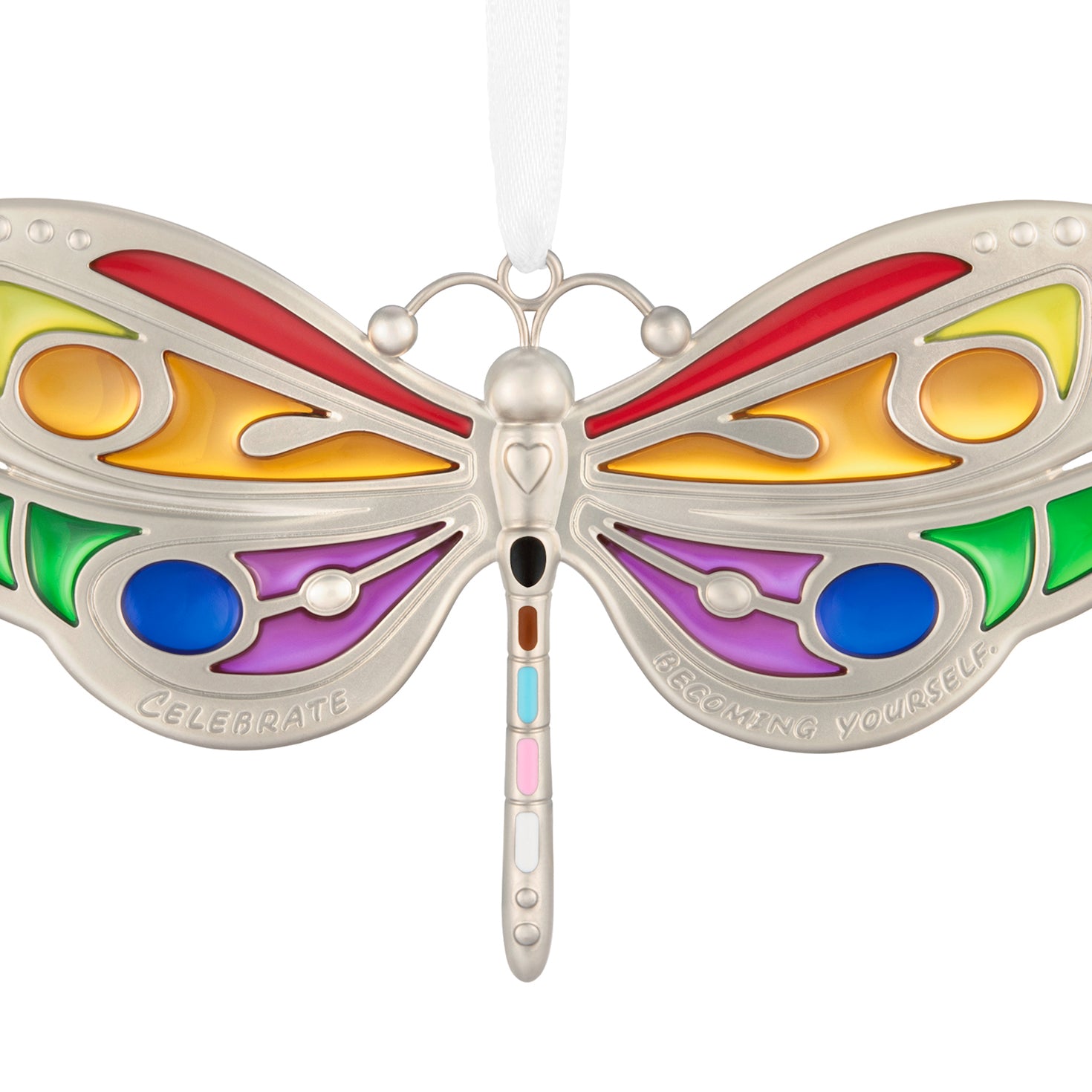 Celebrating You, Metal — 2026 Hallmark Keepsake Christmas Ornament, vibrant dragonfly design with multicoloured wings, close up view.