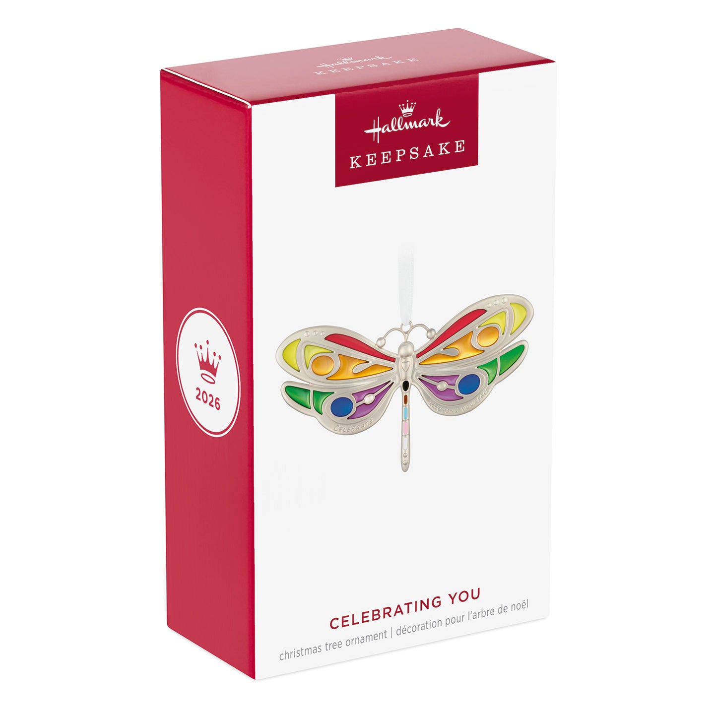 Celebrating You, Metal — 2026 Hallmark Keepsake Christmas Ornament in colourful gift box, featuring a silver dragonfly design.