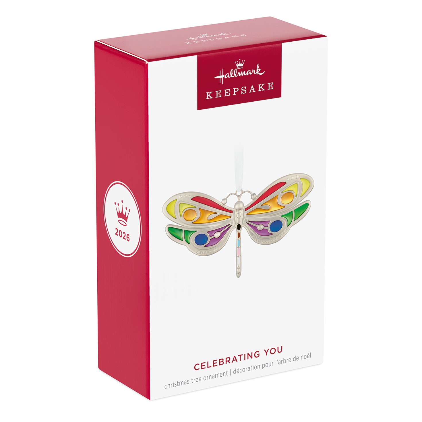Celebrating You, Metal — 2026 Hallmark Keepsake Christmas Ornament in colourful gift box, featuring a silver dragonfly design.