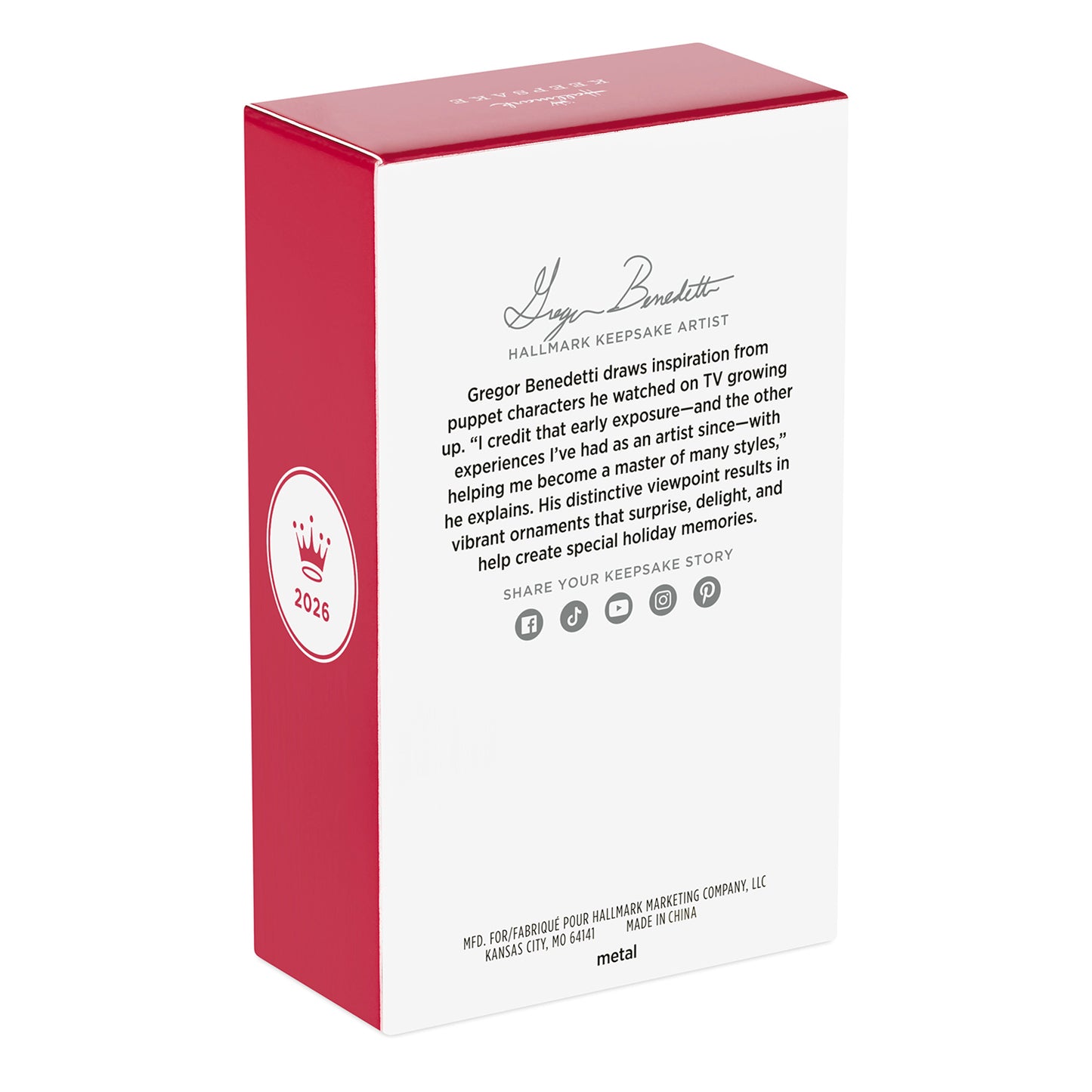 Celebrating You, Metal — 2026 Hallmark Keepsake Christmas Ornament packaging featuring artist Gregor Benedetti's biography and design inspiration.