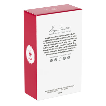 Celebrating You, Metal — 2026 Hallmark Keepsake Christmas Ornament packaging featuring artist Gregor Benedetti's biography and design inspiration.