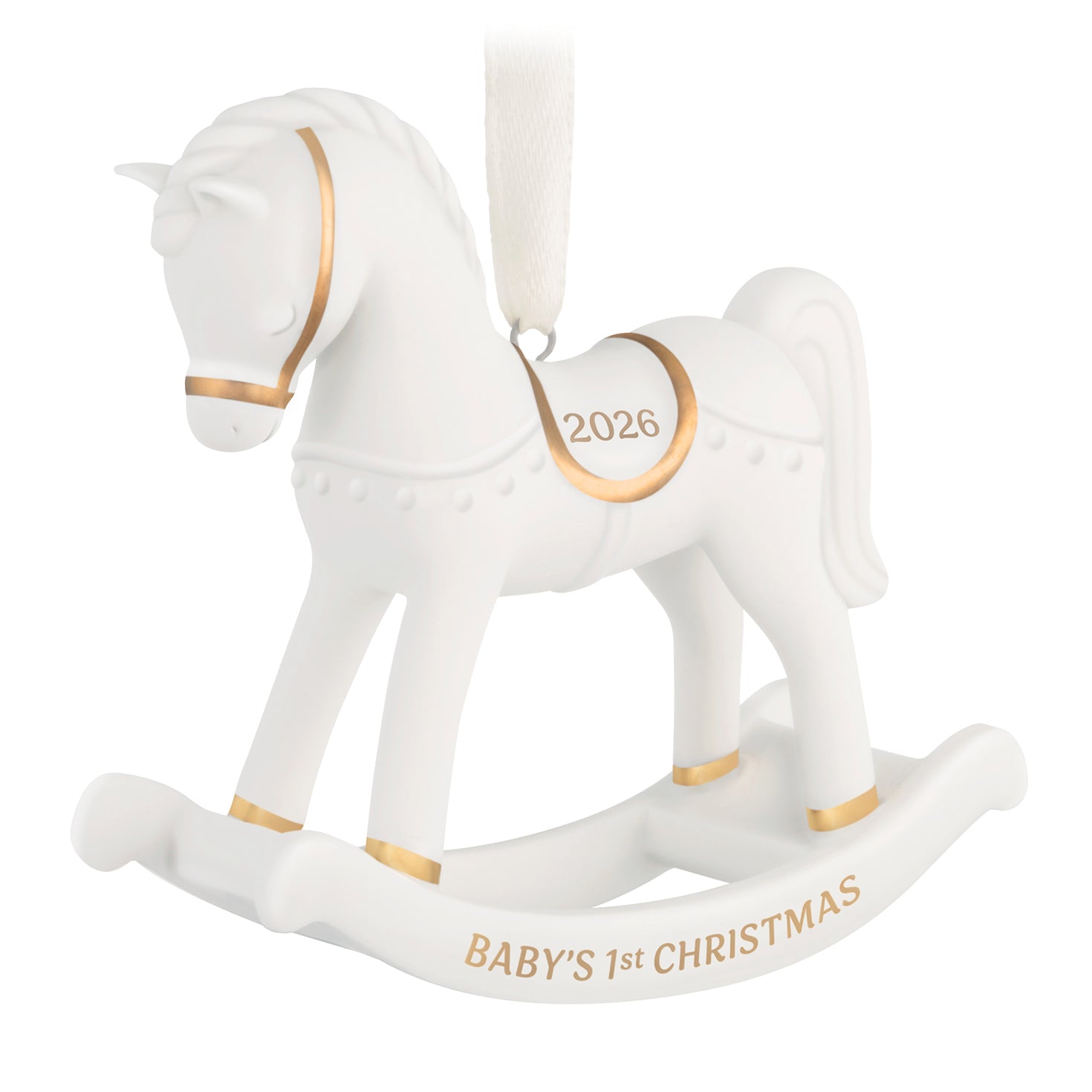 Baby's First Christmas Rocking Horse 2026, porcelain ornament with gold accents and year date, angled view featuring intricate details.