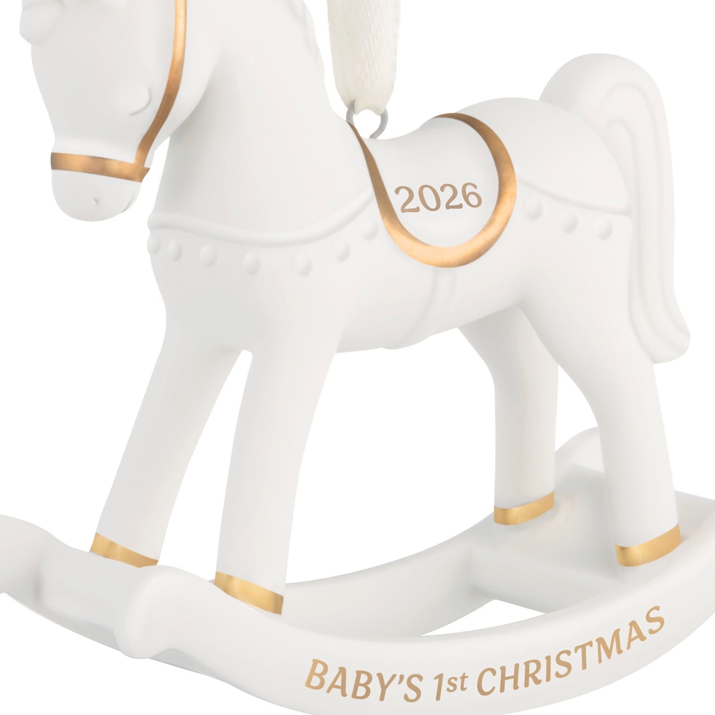 Baby's First Christmas Rocking Horse 2026, porcelain, white colour, featuring 14k gold accents and year-dated detail.