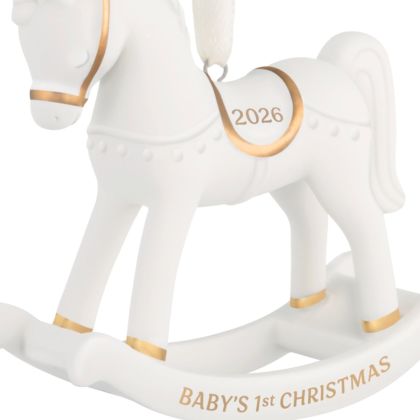 Baby's First Christmas Rocking Horse 2026, porcelain, white colour, featuring 14k gold accents and year-dated detail.