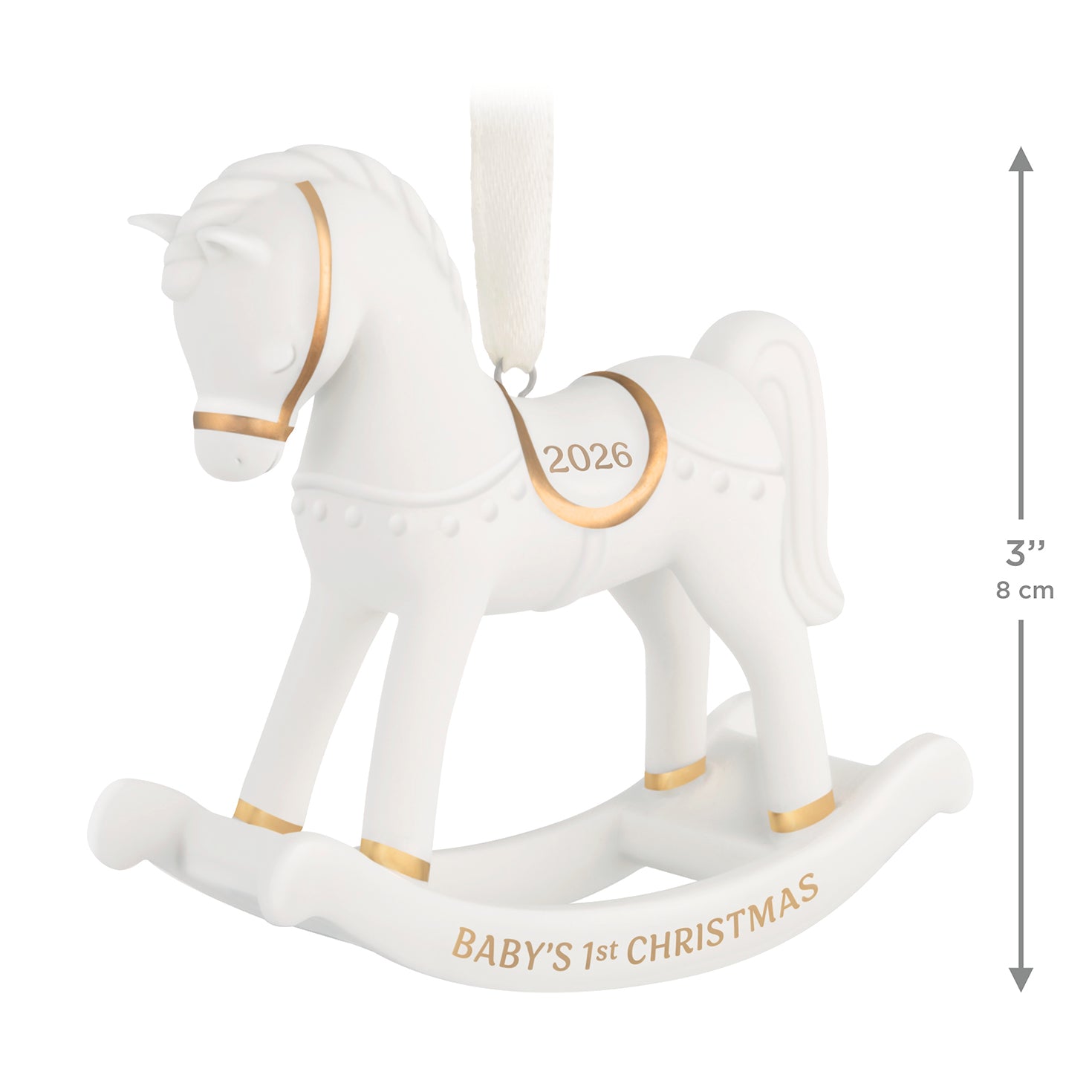 Baby's First Christmas Rocking Horse 2026, Porcelain — 2026 Hallmark Keepsake Christmas Ornament in white with 14k gold accents, side view.