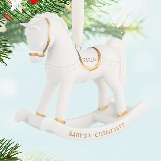 Baby's First Christmas Rocking Horse 2026, porcelain Christmas ornament with 14k gold accents and detailed craftsmanship.