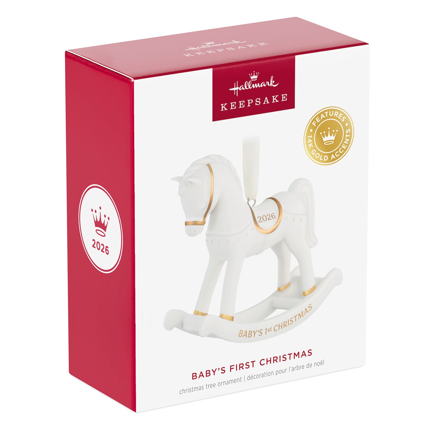 Baby's First Christmas Rocking Horse 2026, porcelain keepsake ornament in red gift box with gold accents and 2026 date.