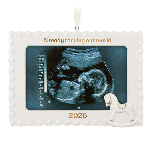 Already Rocking Our World 2026 photo frame, porcelain, features a sonogram holder with a rocking horse design.