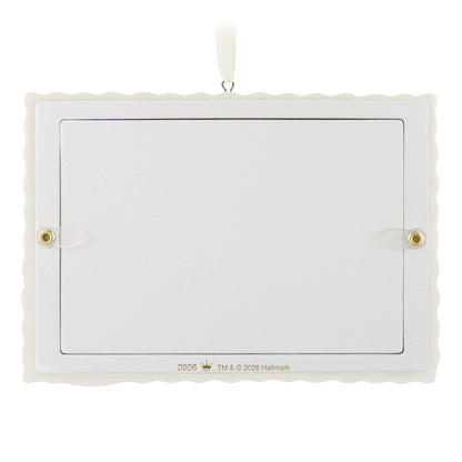 Already Rocking Our World 2026 photo frame, porcelain, back view showing the sonogram holder and golden accents.