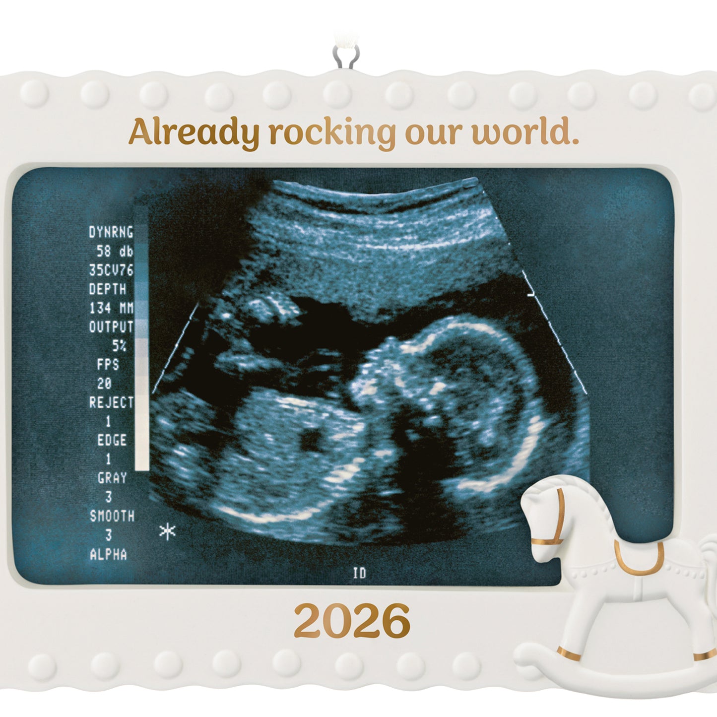 Already rocking our world 2026 photo frame, porcelain, featuring a sonogram holder and rocking horse design.