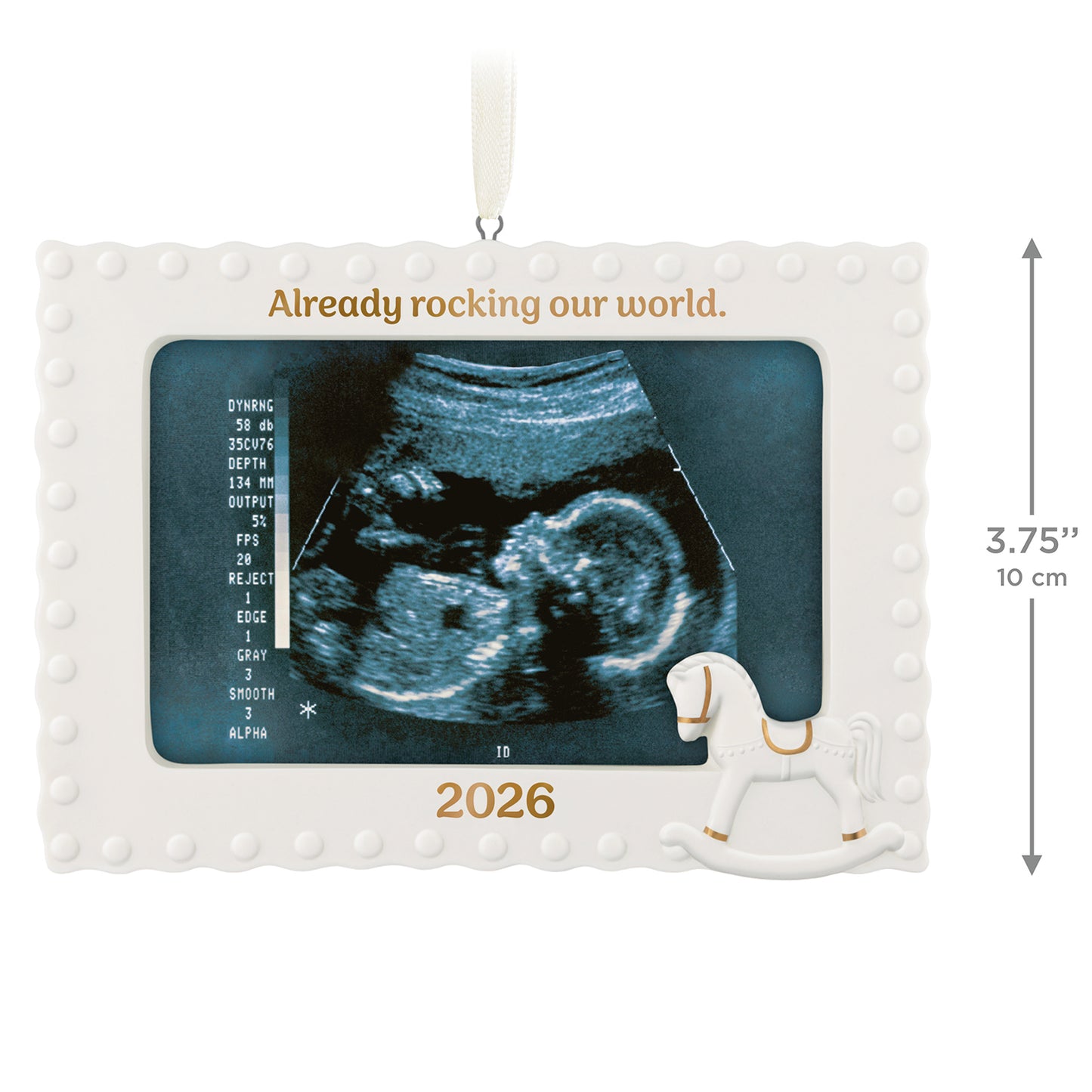 Already rocking our world 2026 photo frame, porcelain ornament featuring sonogram holder and rocking horse design, 10 cm.