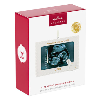 Already Rocking Our World 2026 photo frame, porcelain ornament with sonogram holder in gift packaging.