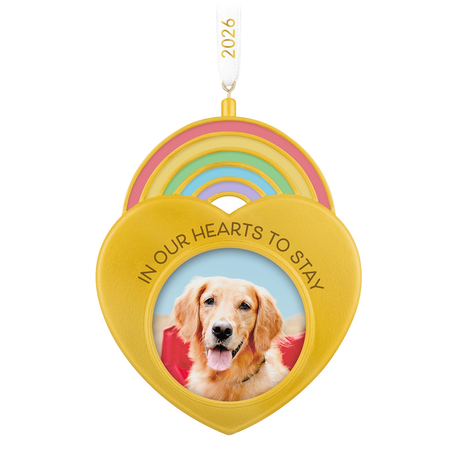 In Our Hearts to Stay 2026 photo frame — 2026 Hallmark Keepsake Christmas Ornament featuring a gold heart with a rainbow and pet photo.