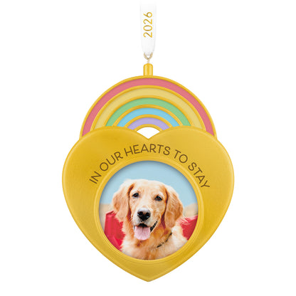 In Our Hearts to Stay 2026 photo frame — 2026 Hallmark Keepsake Christmas Ornament featuring a gold heart with a rainbow and pet photo.