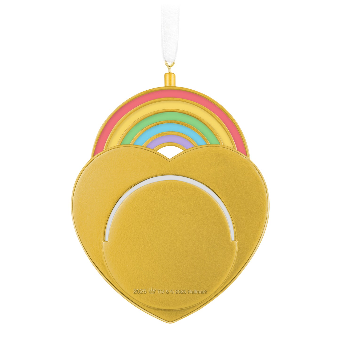 In Our Hearts to Stay 2026 Photo Frame — 2026 Hallmark Keepsake Christmas Ornament in gold heart design with rainbow layers, front view