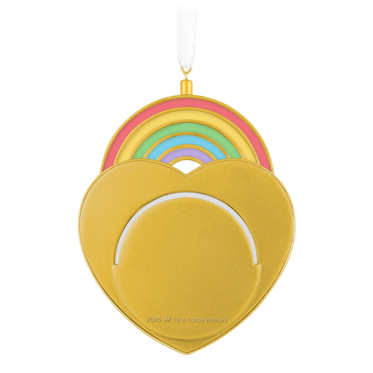In Our Hearts to Stay 2026 Photo Frame — 2026 Hallmark Keepsake Christmas Ornament in gold heart design with rainbow layers, front view