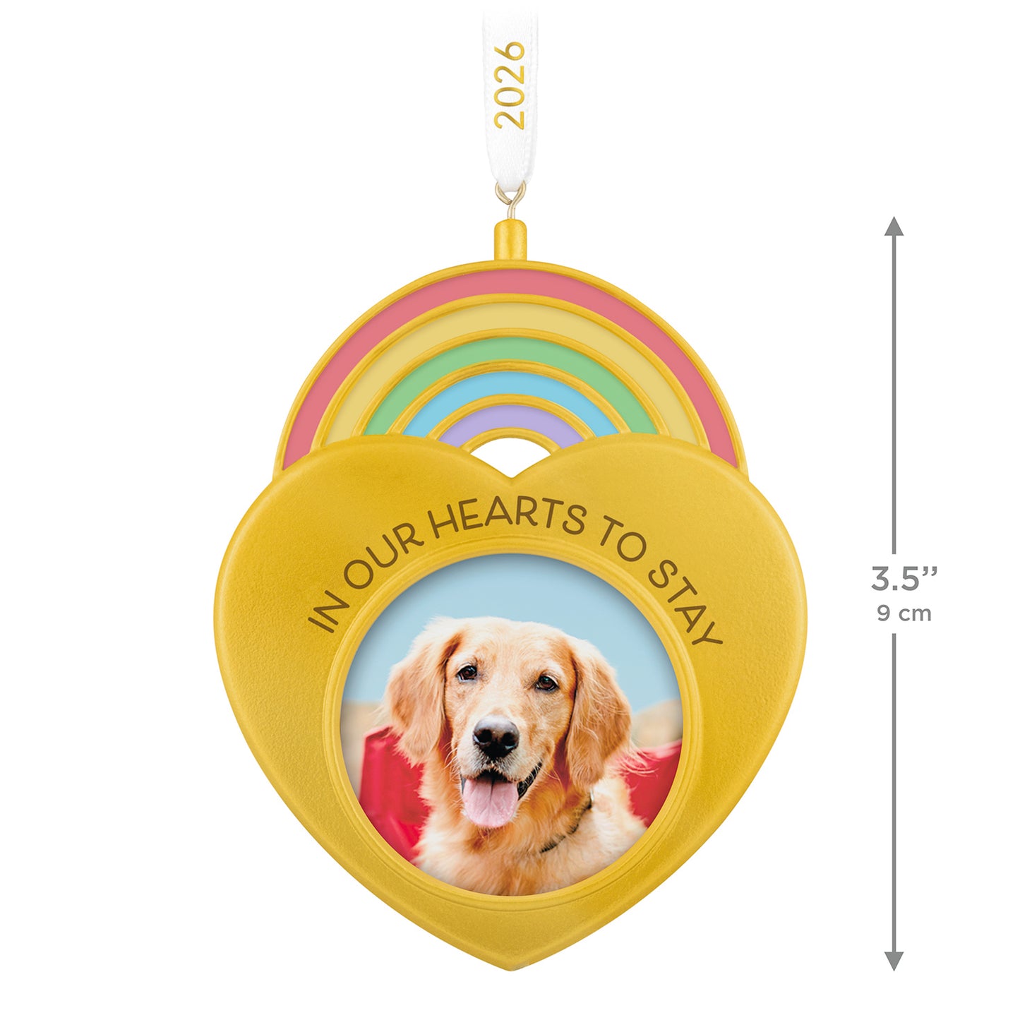 In Our Hearts to Stay 2026 Photo Frame—2026 Hallmark Keepsake Christmas Ornament, golden heart shape with rainbow details and photo insert, 9 cm